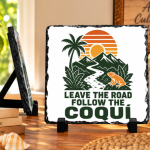 Puerto Rico adventure plaque with coquí frog tropical mountains and sunset