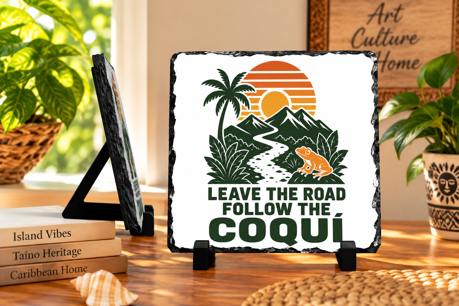 Puerto Rico adventure plaque with coquí frog tropical mountains and sunset