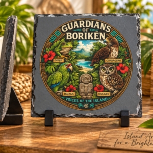 Guardians of Borikén slate plaque with Puerto Rican wildlife and Taíno inspired island artwork