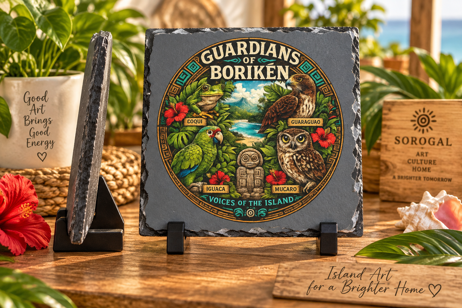 Guardians of Borikén slate plaque with Puerto Rican wildlife and Taíno inspired island artwork