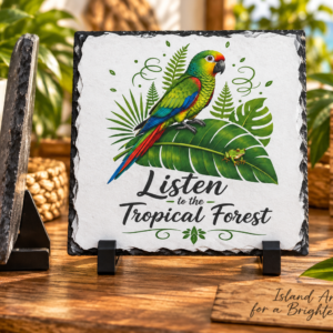 Tropical Forest slate plaque with colorful parrot coqui frog and tropical leaves