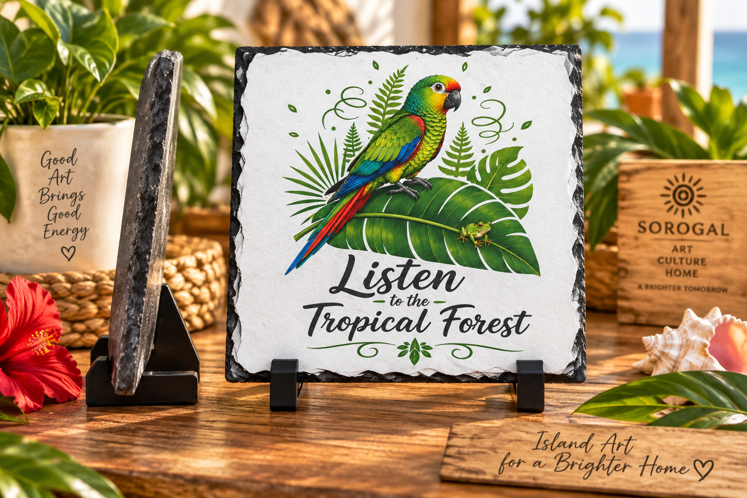 Tropical Forest slate plaque with colorful parrot coqui frog and tropical leaves