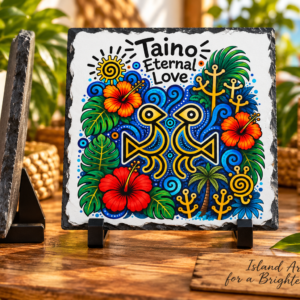 Taíno Eternal Love slate plaque with tropical flowers and Puerto Rican inspired artwork