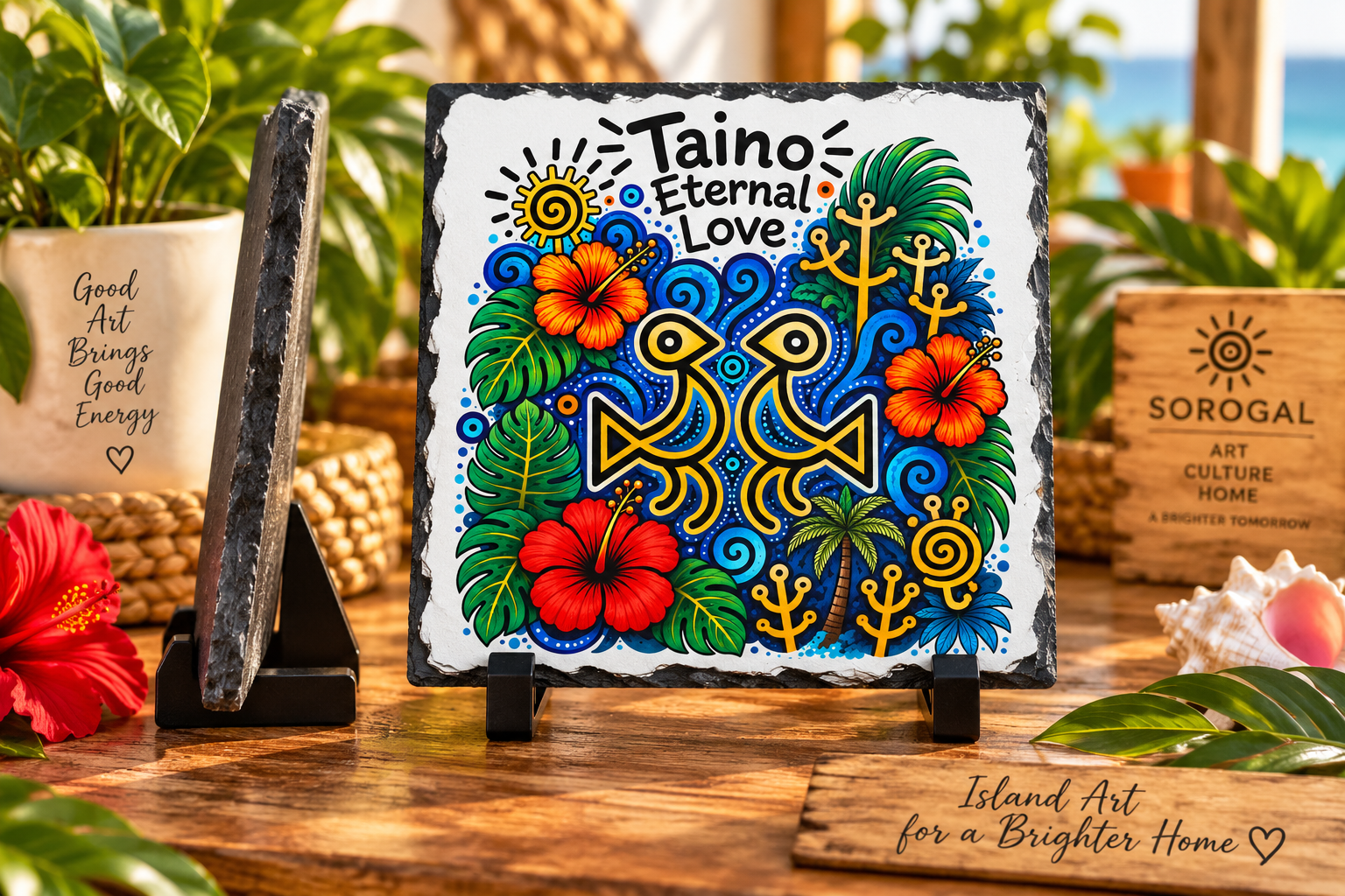 Taíno Eternal Love slate plaque with tropical flowers and Puerto Rican inspired artwork