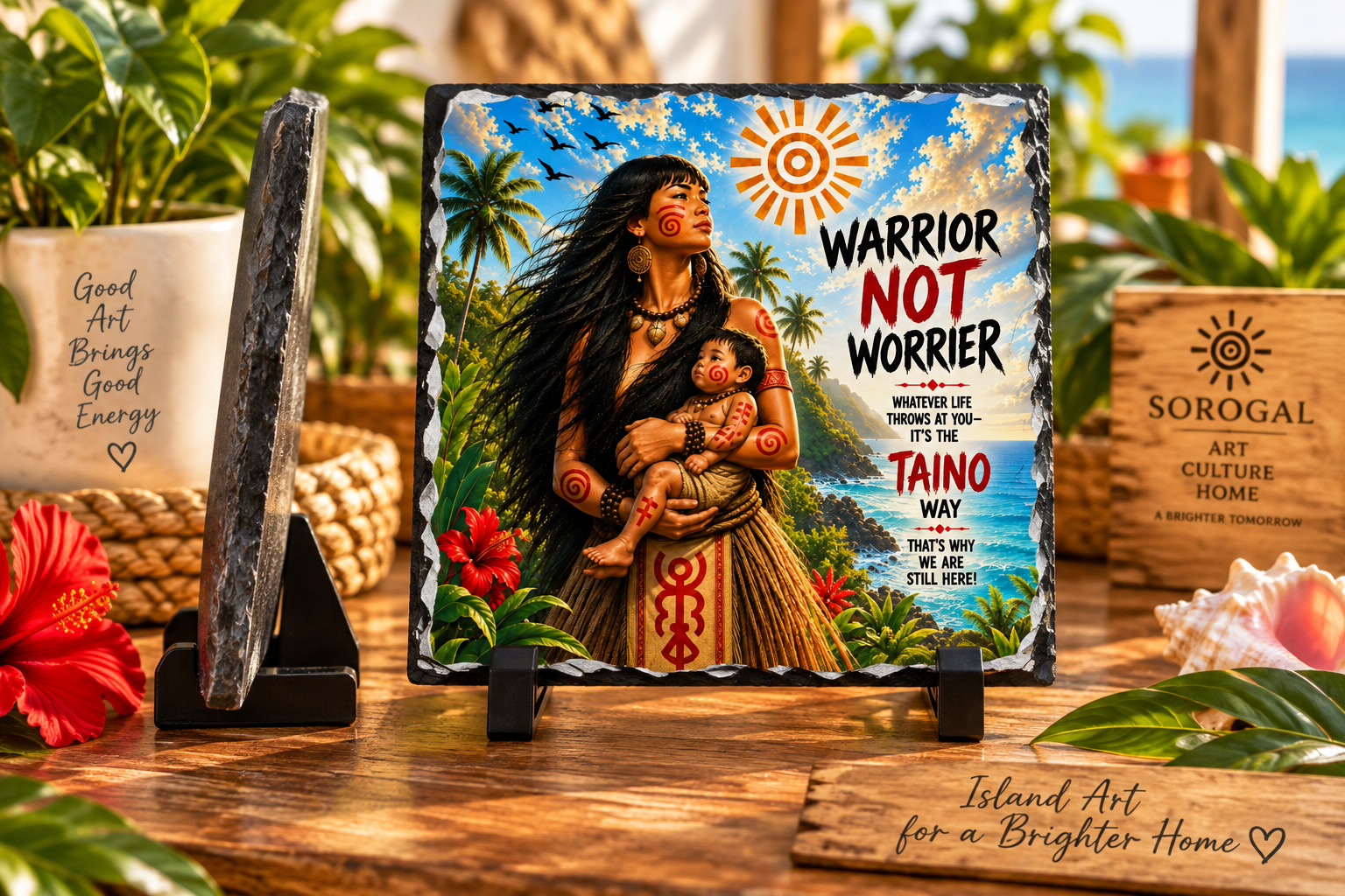 Warrior Not Worrier Taíno slate plaque with mother and child in tropical Puerto Rican inspired scene