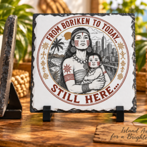 From Borikén to Today slate plaque with mother child and Taíno inspired Puerto Rican heritage artwork