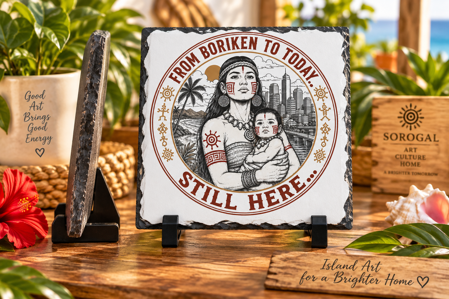 From Borikén to Today slate plaque with mother child and Taíno inspired Puerto Rican heritage artwork