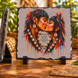 Taíno Love slate plaque with kissing couple cowrie shell heart and colorful Taíno inspired artwork