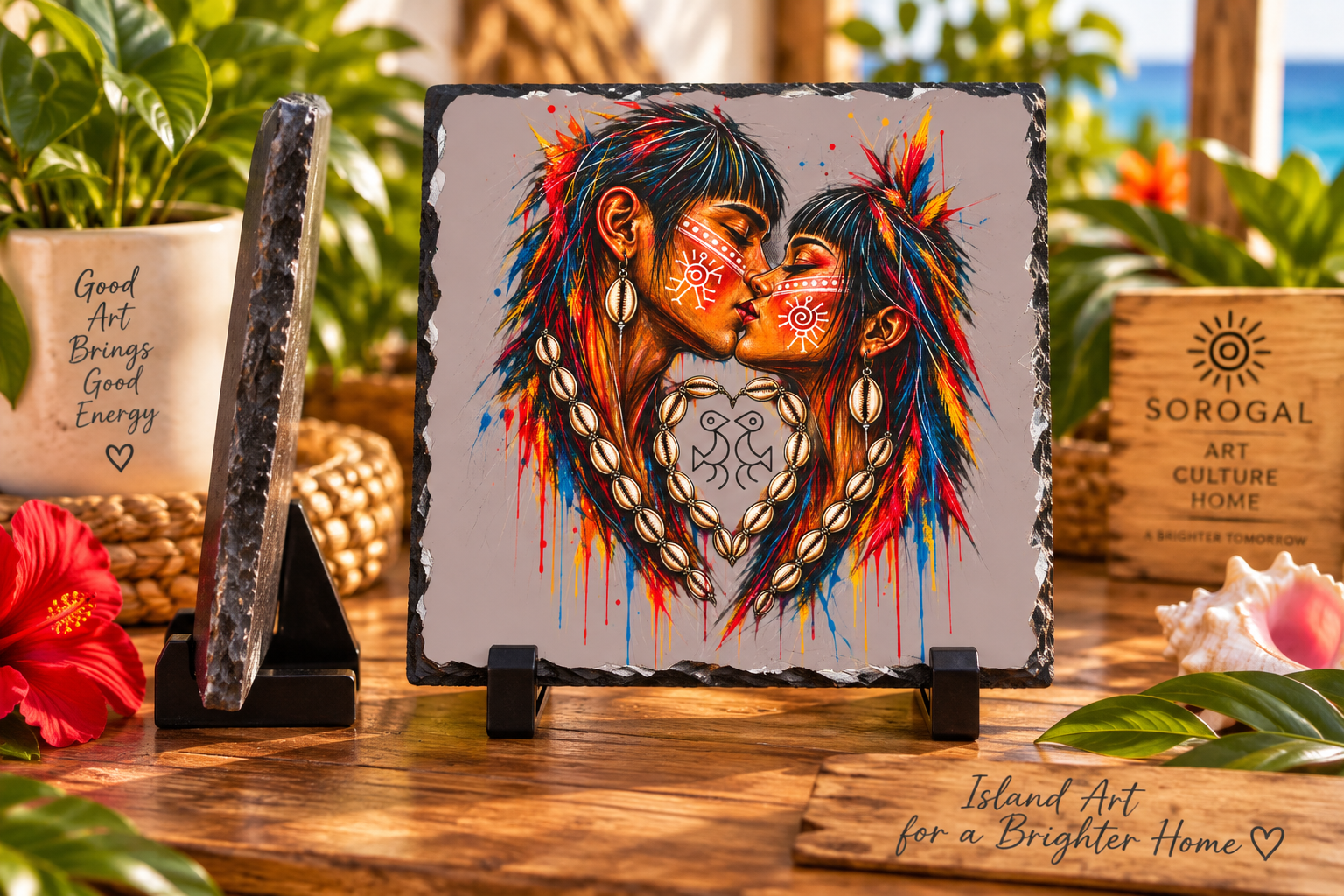 Taíno Love slate plaque with kissing couple cowrie shell heart and colorful Taíno inspired artwork