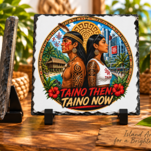 Taíno Then Taíno Now slate plaque with ancestral and modern Puerto Rican inspired artwork