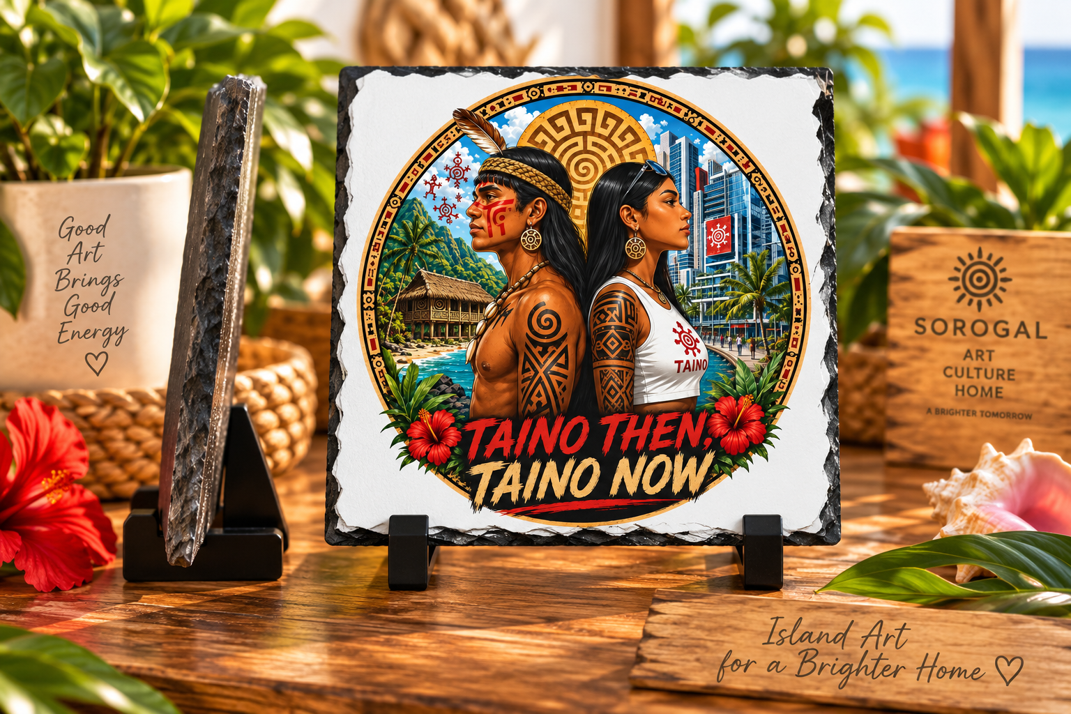 Taíno Then Taíno Now slate plaque with ancestral and modern Puerto Rican inspired artwork