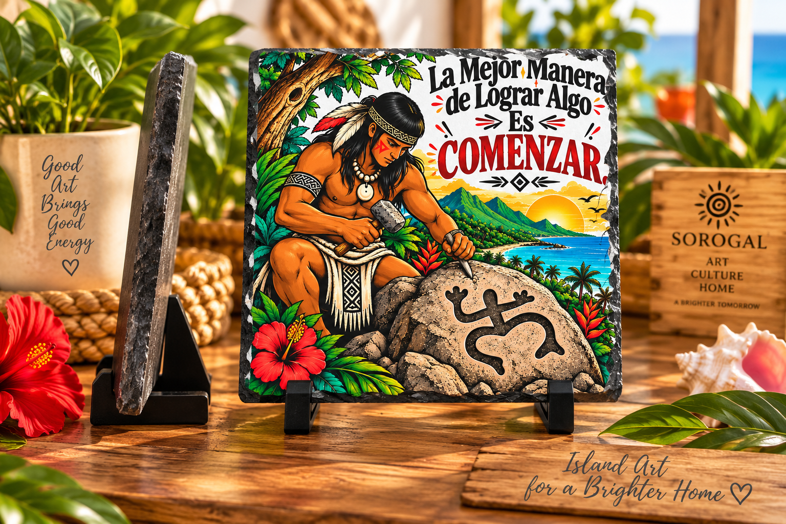 Motivación Taína Slate con figura tallando piedra y paisaje tropical de Puerto Rico