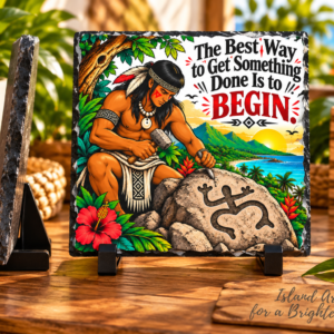 Taíno Motivation Slate with Taino inspired stone carver and tropical Puerto Rican landscape