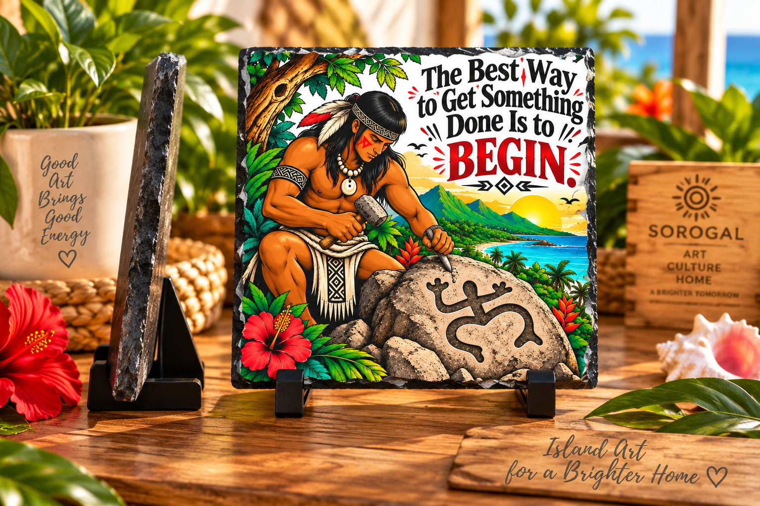 Taíno Motivation Slate with Taino inspired stone carver and tropical Puerto Rican landscape
