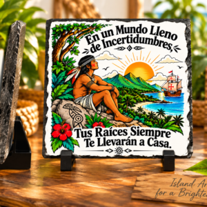 Raíces Puertorriqueñas Slate con figura taína y paisaje tropical de Borikén