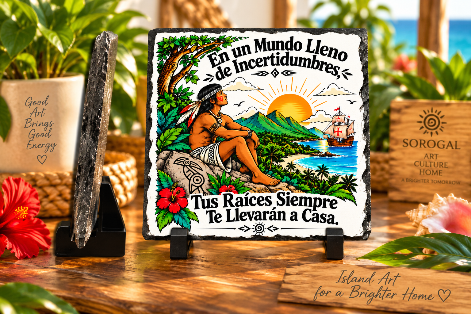 Raíces Puertorriqueñas Slate con figura taína y paisaje tropical de Borikén