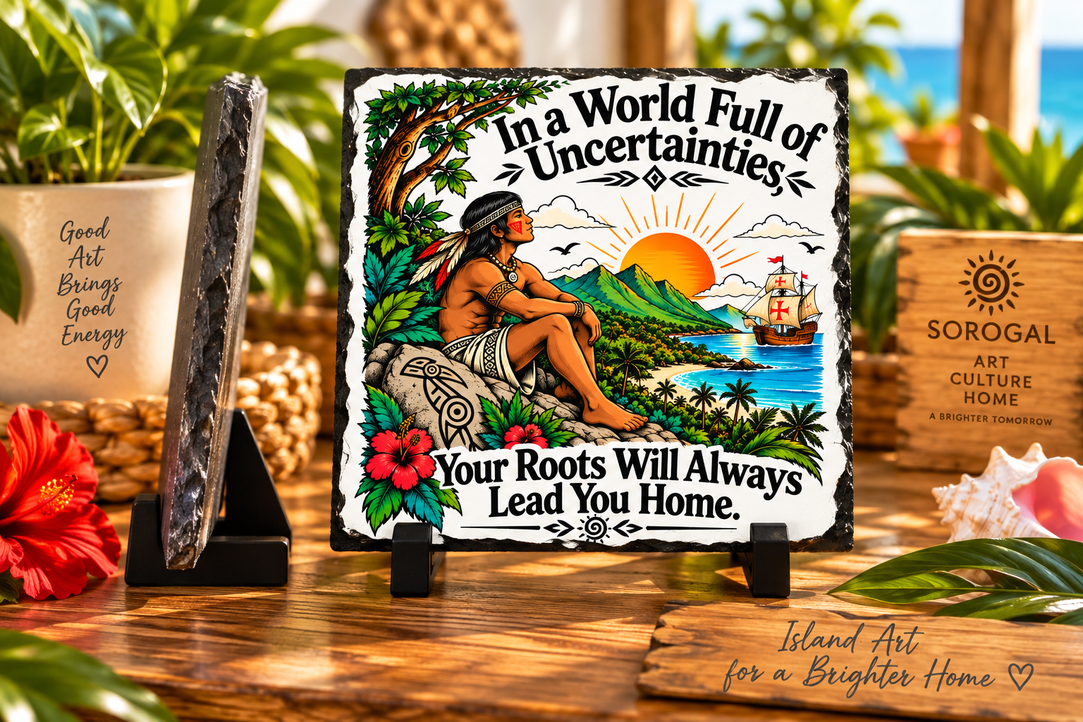 Puerto Rican Roots Slate with Taino inspired figure and tropical Boriken landscape