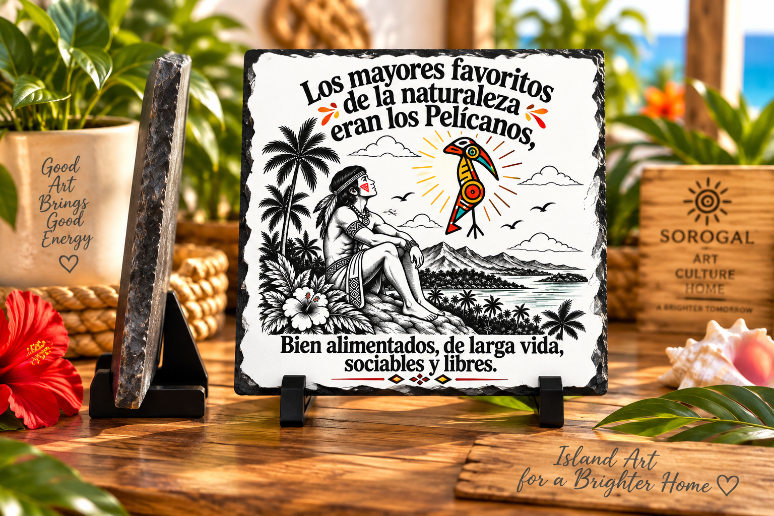 Spanish Pelican Slate with Taino inspired bird and tropical landscape