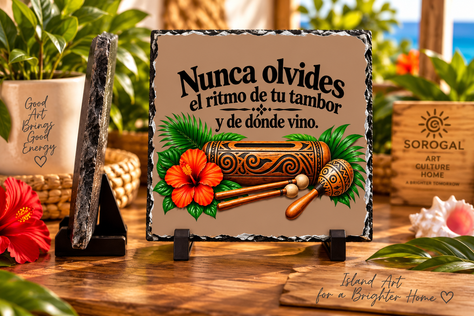 Tambor Taino Slate con hibisco y diseño de herencia puertorriqueña