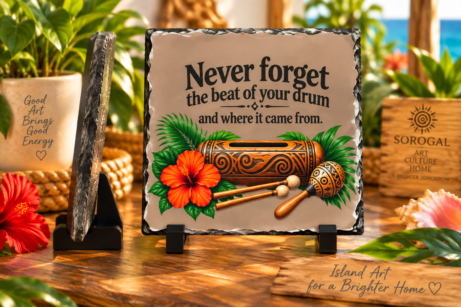 Taino Drum Slate with tropical hibiscus and heritage quote