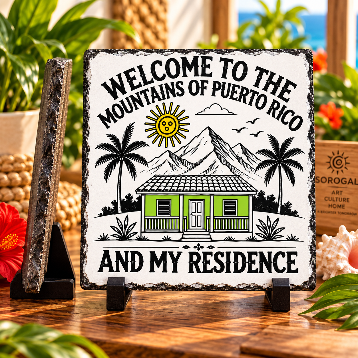 Puerto Rico Slate with mountain home palm trees and Taino inspired sun