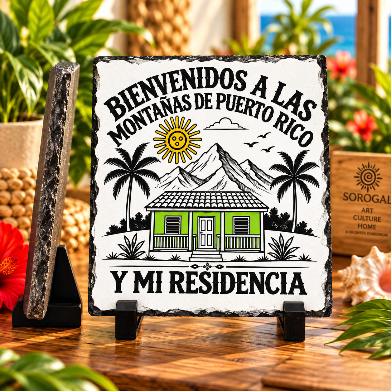 Puerto Rico mountains slate plaque with green house and yellow Taíno sun