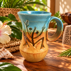 Taíno-inspired turquoise ceramic mug with raised indigenous-style artwork, sandy earth-tone glaze, and flared rim, displayed in tropical decor.