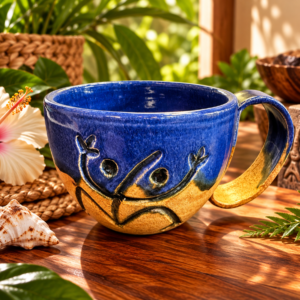 Blue Puerto Rican Coquí Mug with raised frog design and golden-brown ceramic glaze
