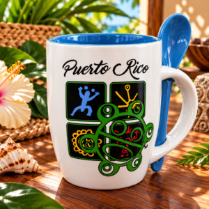 Puerto Rico Taino Sun ceramic mug with blue interior, matching spoon and colorful cultural artwork